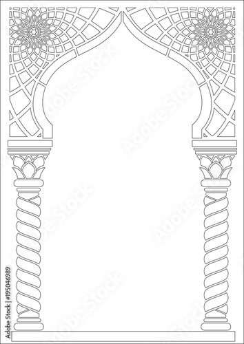 Contouring coloring. Architectural arch in Arabic or other Eastern style, entrance, doorway