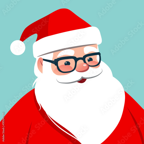 Vector cartoon Santa Claus character portrait illustration. Friendly smiling  Santa wearing eyeglasses isolated on aqua blue. Christmas  holiday design element for posters, cards, banners, flat style