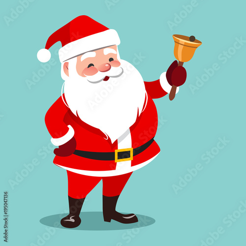 Vector cartoon illustration of friendly smiling standing Santa Claus ringing a hand bell, isolated on aqua blue background. Christmas seasonal design element if flat contemporary style.