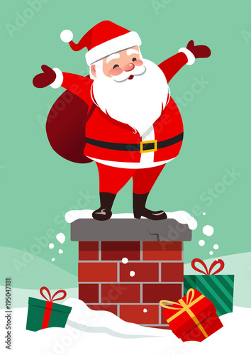Vector cartoon illustration of cute smiling Santa Claus standing on a chimney with bag on his back, colorful wrapped gifts lying around in the snow, on aqua green background. Christmas design element.