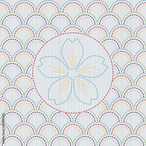 Kimono pattern. Sashiko texture with blooming sakura flower. Abstract seamless texture. Classic japanese quilling. Needlework motif or texture. For handiwork, decoration or printing on fabric.