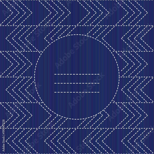 Sashiko texture with copy space. Kimono pattern. Text frame. Abstract seamless texture. Indigo color. Classic japanese quilling. Needlework texture. For handiwork, banner or postcard decoration.