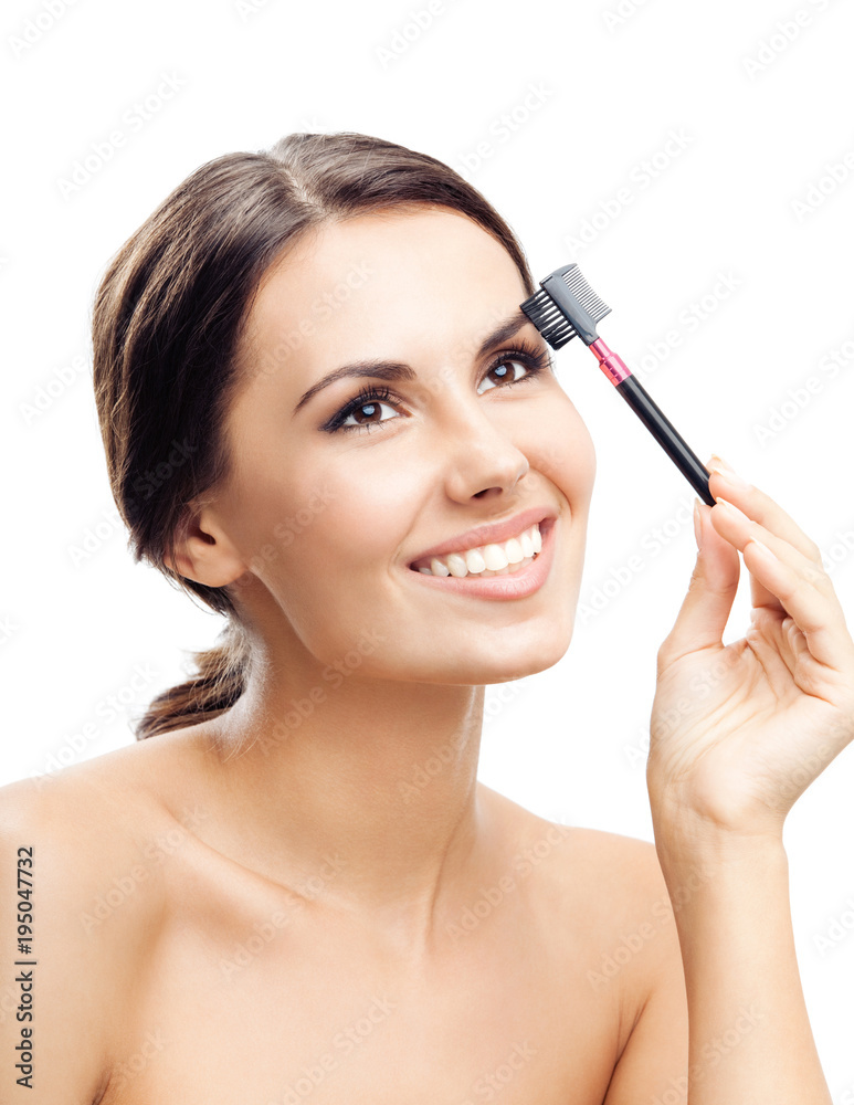 Smiling woman with make up brush, isolated