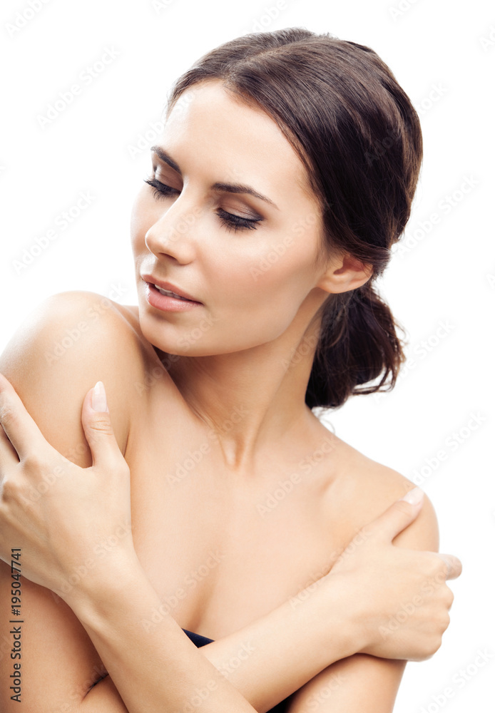 Woman touching skin or applying cream, isolated Woman touching skin or applying cream, isolated