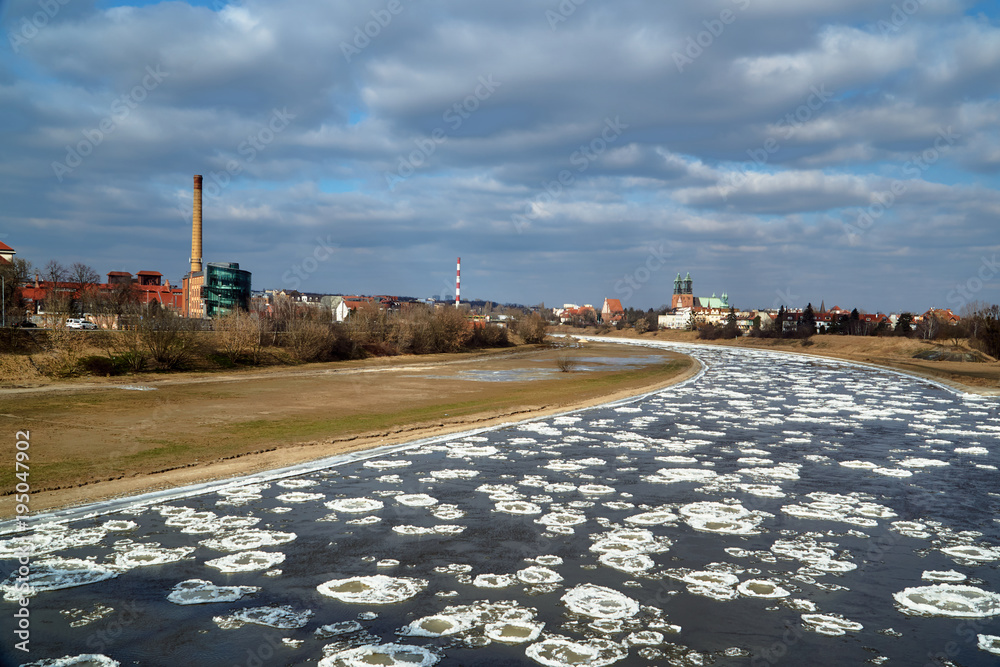 Ice on the river Warta in Poznan.