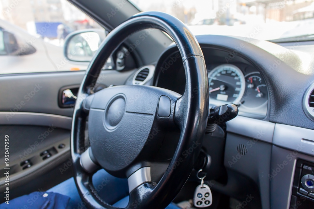 steering wheel in the car.