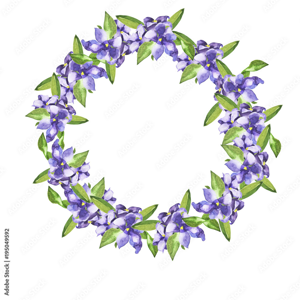 Lilac bellflowers and green leaves garland isolated on white background. Hand drawn watercolor illustration. Lilac bellflowers and green leaves garland isolated on white background. Hand drawn watercolor illustration.
