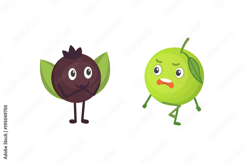 Set of cute cartoon fruit. Vector illustration with funny characters. Funny fresh food time.