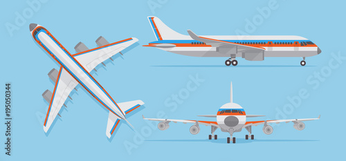 Modern passenger airplane, airliner in top, side, front view. Vector aircraft in flat style