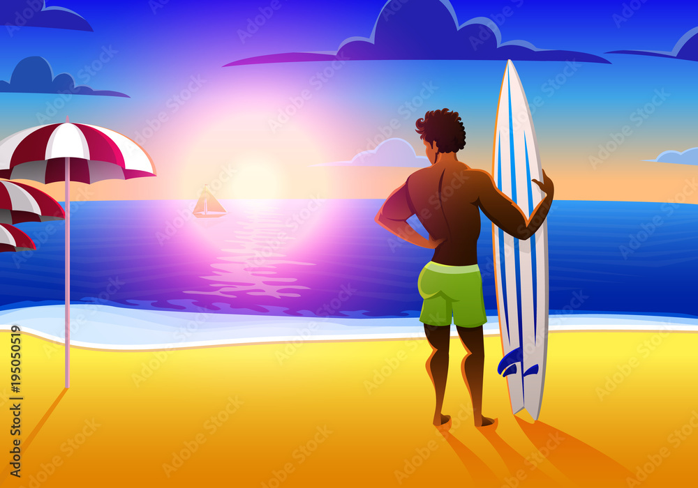 Surfer on the ocean beach at sunset with surfboard. vector illustration, vintage effect. sports african american man on weekends, healthy lifestyle.