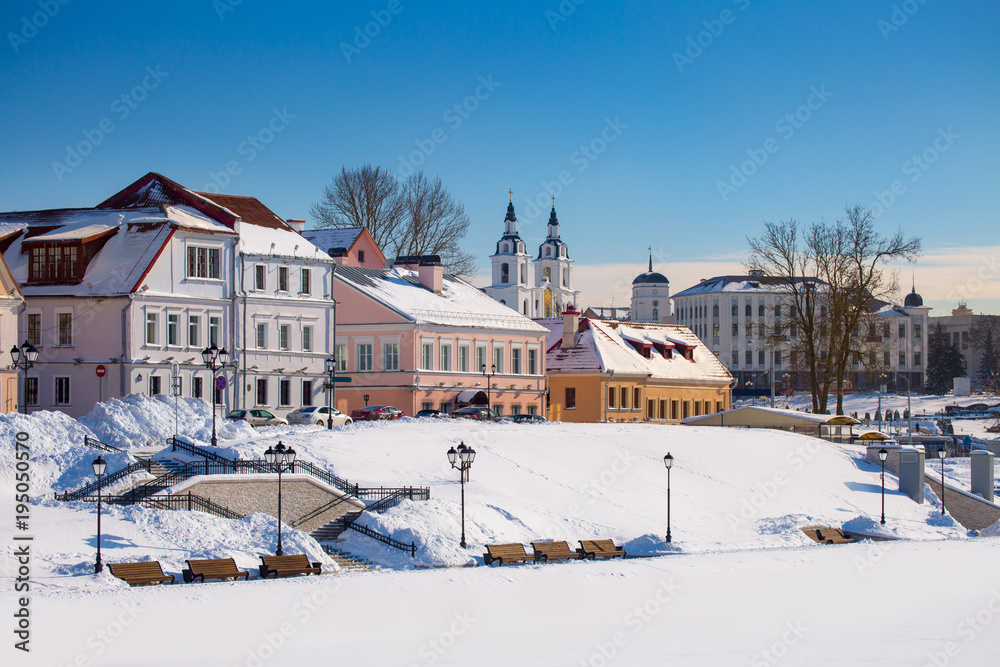 Beautiful winter view of the old town. Minsk. Belarus