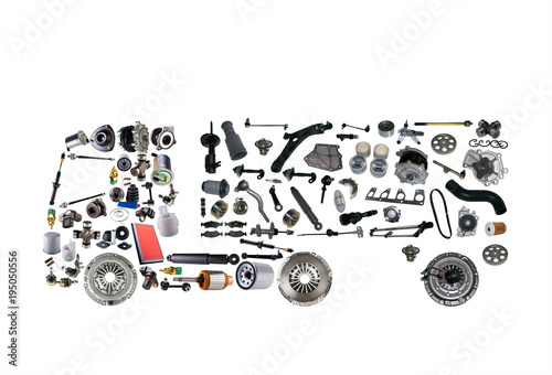 Images truck assembled from new spare parts on white background. Truck with a trailer and with cargo photo