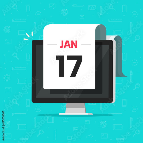 Calendar date on computer screen vector illustration, flat cartoon calendar on desktop pc display, idea of online agenda, event day reminder or notification, deadline concept, organizer tech