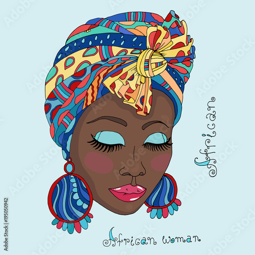 Vector colorful painted portrait of a beautiful African-American  girl in a scarf drape with ornament and a knot on her head. The face of an African girl in national style.  On a blue background