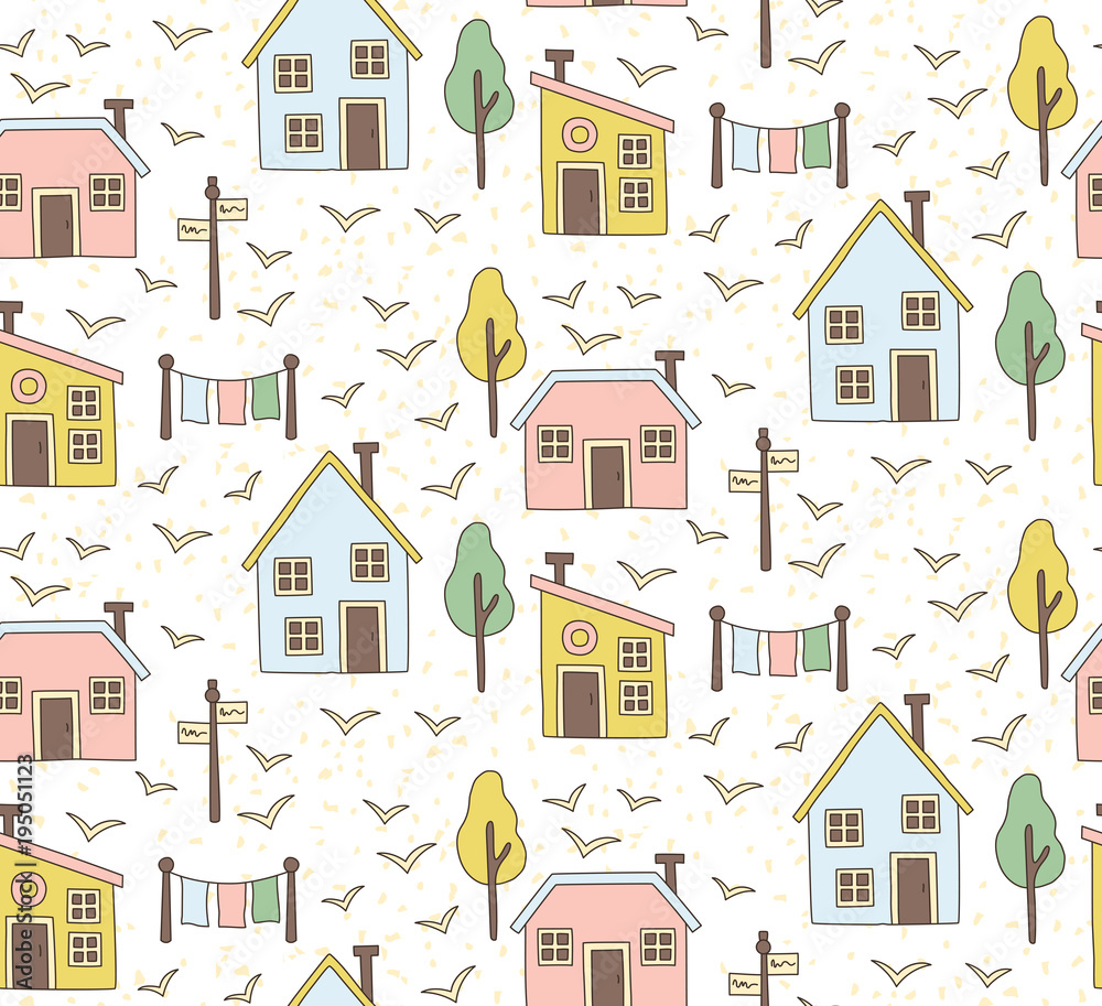 Houses village buildings nordic style seamless vector pattern