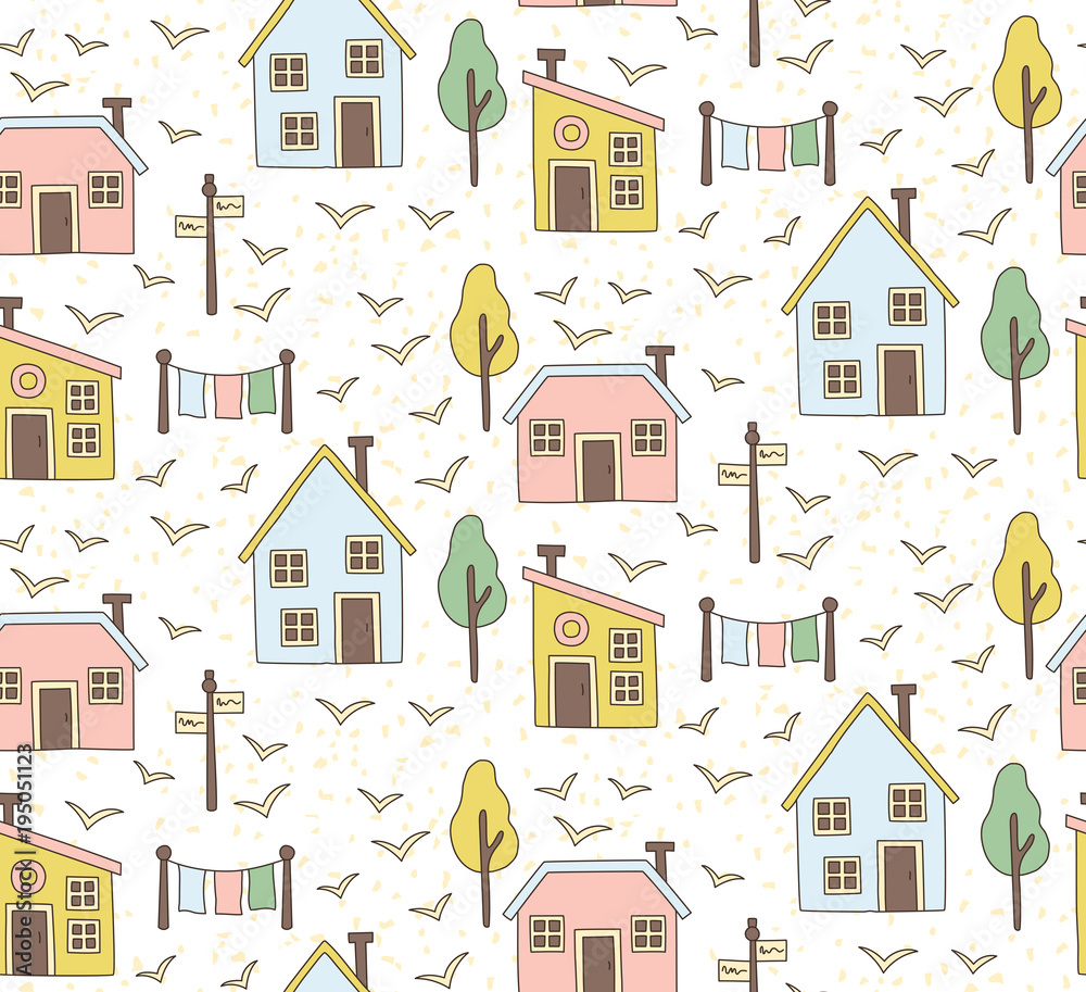 Houses village buildings nordic style seamless vector pattern