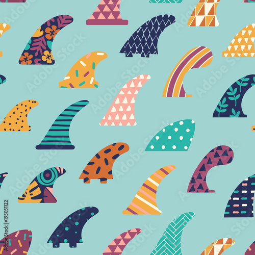 Single fin surfing seamless pattern in vector.