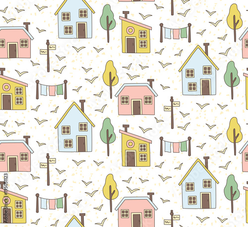Houses village buildings nordic style seamless vector pattern