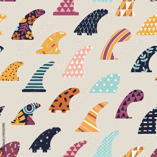 Single fin surfing seamless pattern in vector.