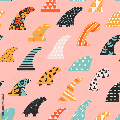 Single fin surfing seamless pattern in vector.