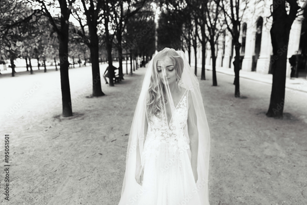 Mysterious and happy bride whirls between the trees somewhere in Paris Mysterious and happy bride whirls between the trees somewhere in Paris