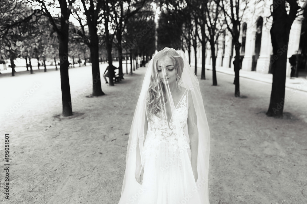 Mysterious and happy bride whirls between the trees somewhere in Paris