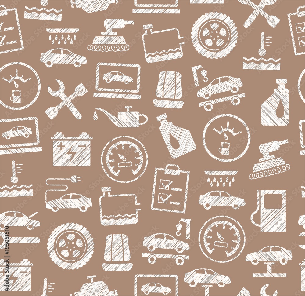 Car repair and maintenance, seamless pattern, brown, pencil hatching, vector. The automotive service. One-color, flat pattern. Hatching with a white pencil on a brown field. Imitation. 