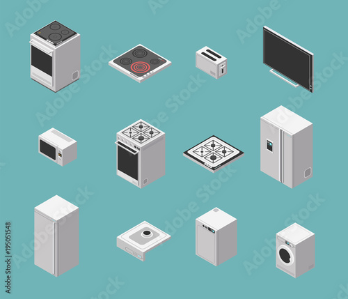 Domestic and kitchen appliances isometric vector icons set