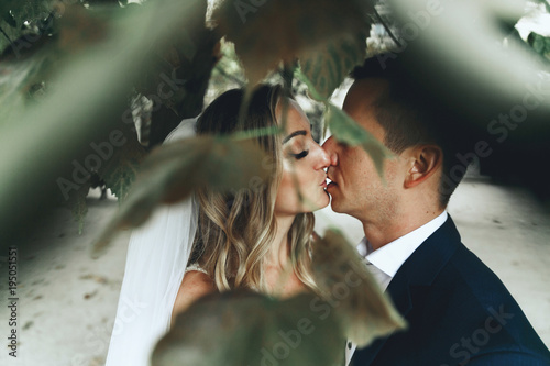 Cheerful newlyweds pose in a sunny park somewhere in Paris