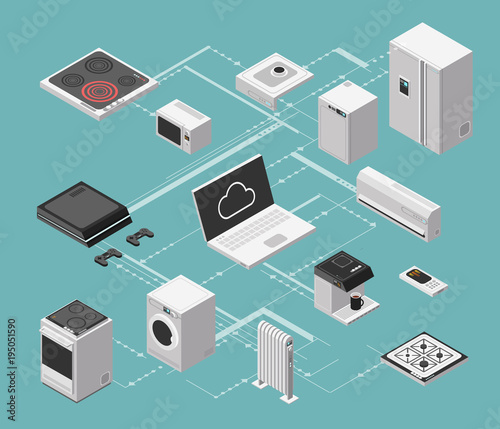 Smart house and electrical control isometric concept with domestic appliances vector illustration