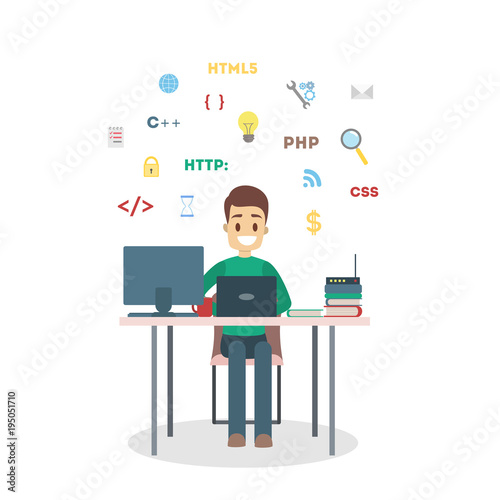 Man programmer with laptop.