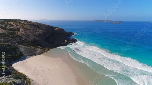 Aerial view of picturesque coastline of Twilight Cove, beach, rocks and crystal clear waters of Southern Ocean - Esperance, Western Australia from above, 4k UHD