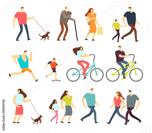 Active people walking, riding bike, running outdoor vector character set