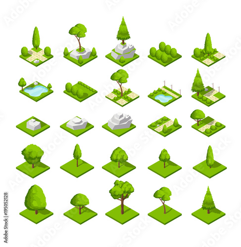 Fototapeta Naklejka Na Ścianę i Meble -  Isometric 3d nature elements. Forest and city park trees and plants. Vector map graphics