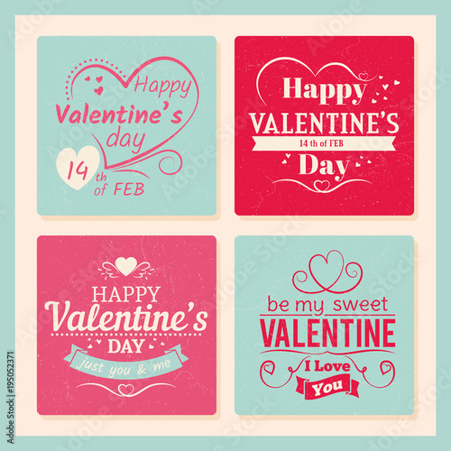 Colorful valentines day grunge cards template with typography sign and hearts