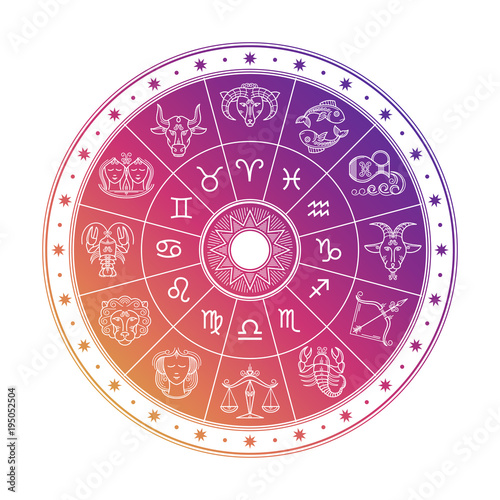 Fotografering Colorful astrology circle design with horoscope signs isolated on white backgrou
