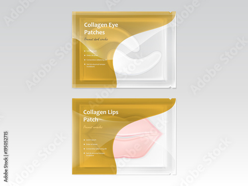 Vector realistic set of patches for lips and eyes, with hydrogel and collagen, in disposable sachet isolated on background. Cosmetic product for skin care and treatment, mockup for packaging design