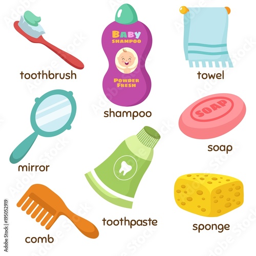 Cartoon bathroom accessories vocabulary vector icons. Mirror, towel, sponge, toothbrush and soap