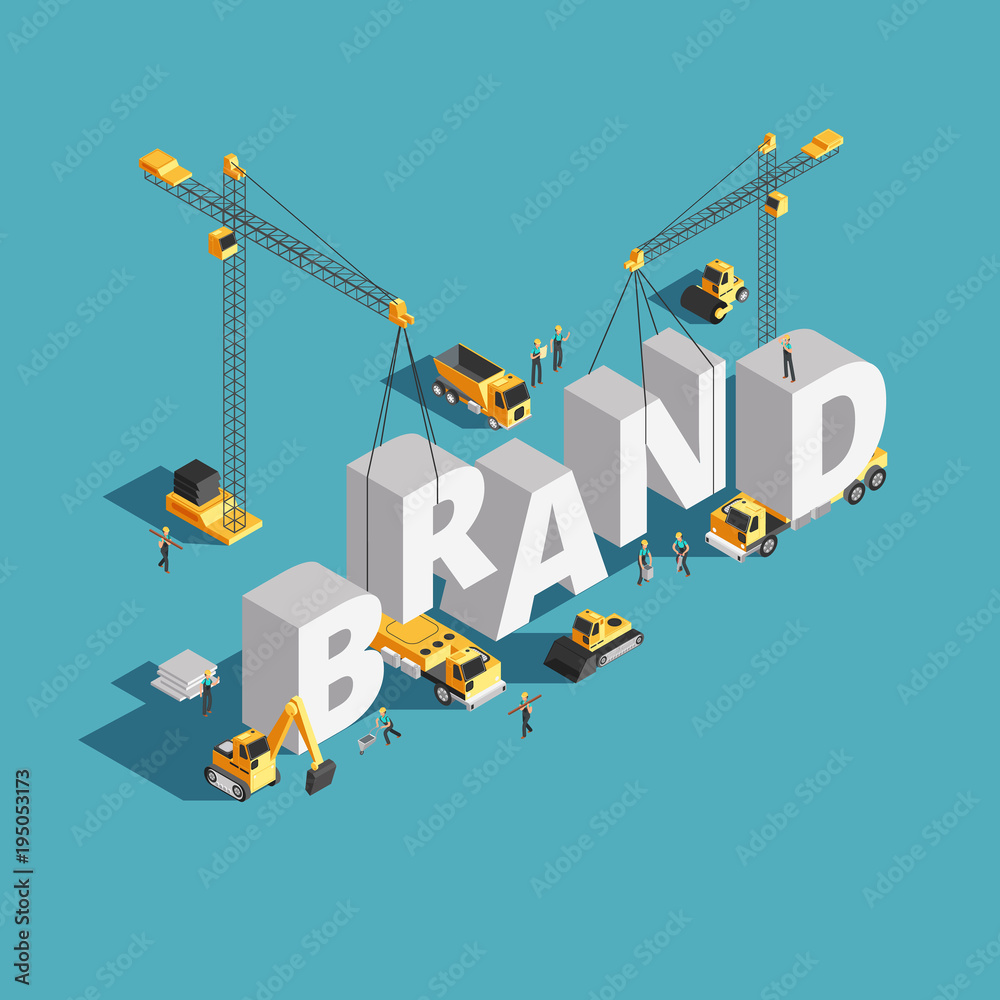 Brand building construction 3d isometric vector concept with construction machinery and workers - obrazy, fototapety, plakaty 