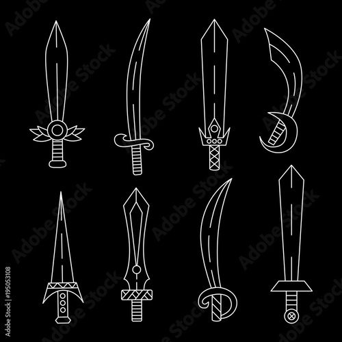 Swords line doodle vector set