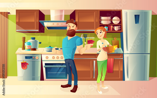 Vector cartoon background with young happy married couple, smiling man and woman cooking food together in cozy kitchen. Modern interior with kitchenware. Household and family life concept illustration