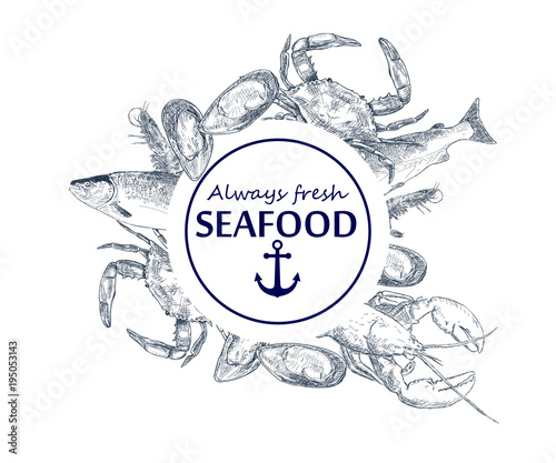 Vector hand drawn seafood logo. Lobster, salmon, crab, shrimp, octopus, squid, clams.