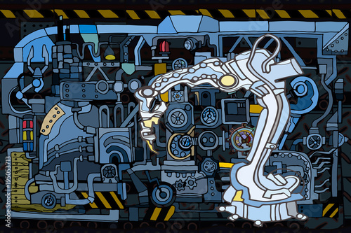 Vector seamless pattern with abstract industry or steampunk background. Fantasy technology or factory illustration with decorative machine sketch elements. Hand drawn.