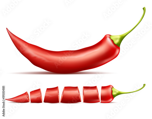 Vector realistic illustration of red hot chili pepper, whole and sliced, isolated on background. Red pod of cayenne, traditional spicy seasoning for mexican cuisine, natural ripe vegetable for cooking