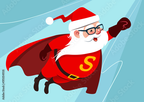 Vector cartoon illustration of cute funny Santa Claus as superhero, wearing cape, flying through the air with one arm stretched forward, on aqua blue background. Christmas flat design element.