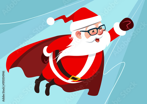 Vector cartoon illustration of cute funny Santa Claus as superhero, wearing cape, flying through the air with one arm stretched forward, on aqua blue background. Christmas flat design element.