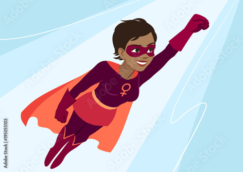 Superhero woman in flight. Attractive young African American woman wearing superhero costume with cape, flying through air in superhero pose, on sky background. Flat contemporary style vector element
