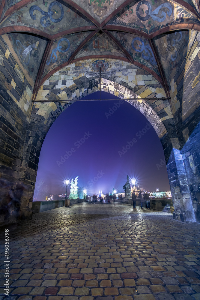 Famous Charles Bridge and tower at night, Prague, Czech Republic