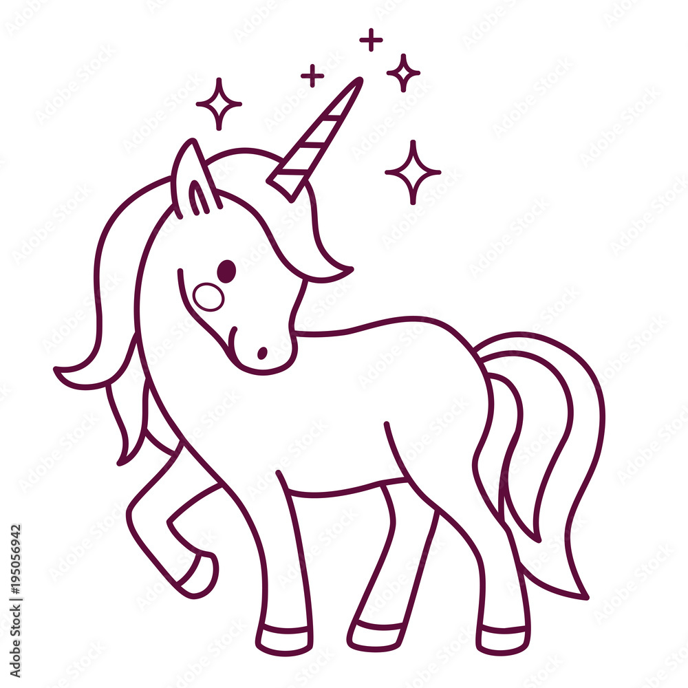 Cute unicorn simple cartoon vector coloring page illustration. Simple flat line doodle icon contemporary style design element isolated on white. Magical creatures, fantasy, fairy, dreams theme.