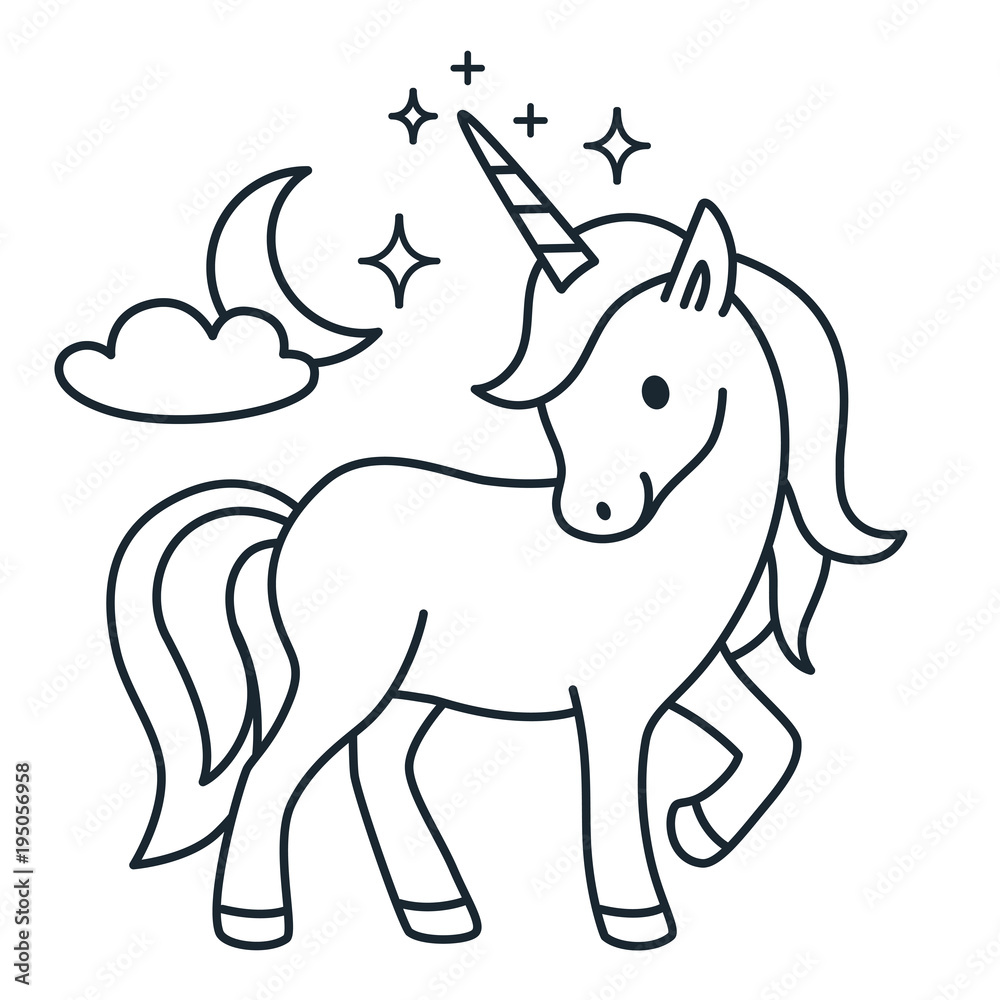 Fototapeta premium Cute unicorn simple cartoon vector coloring book illustration. Simple flat line doodle icon contemporary style design element isolated on white. Magical creatures, fantasy, dreams theme.